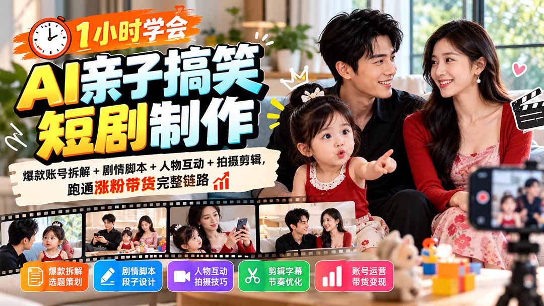 1小时学会AI亲子搞笑短剧制作：爆款账号拆解+剧情脚本+人物互动+拍摄剪辑，跑通涨粉带货完整链路-橙心云网创