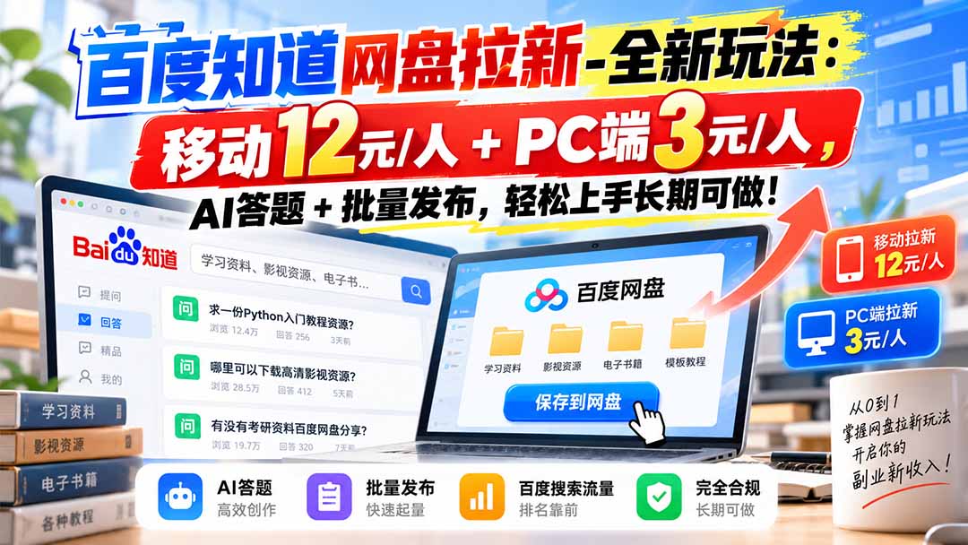 百度知道网盘拉新-全新玩法：移动12元/人+PC端3元/人，AI答题+批量发布，轻松上手长期可做！-橙心云网创