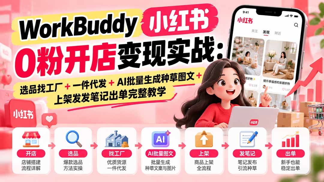 WorkBuddy小红书0粉开店变现实战：选品找工厂+一件代发+AI批量生成种草图文+上架发发笔记出单完整教学-橙心云网创