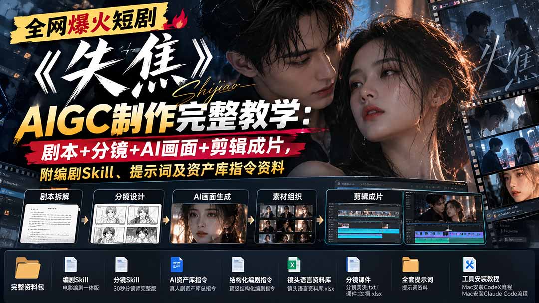 全网爆火短剧《失焦》AIGC制作完整教学：剧本+分镜+AI画面+剪辑成片，附编剧Skill、提示词及资产库指令资料-橙心云网创