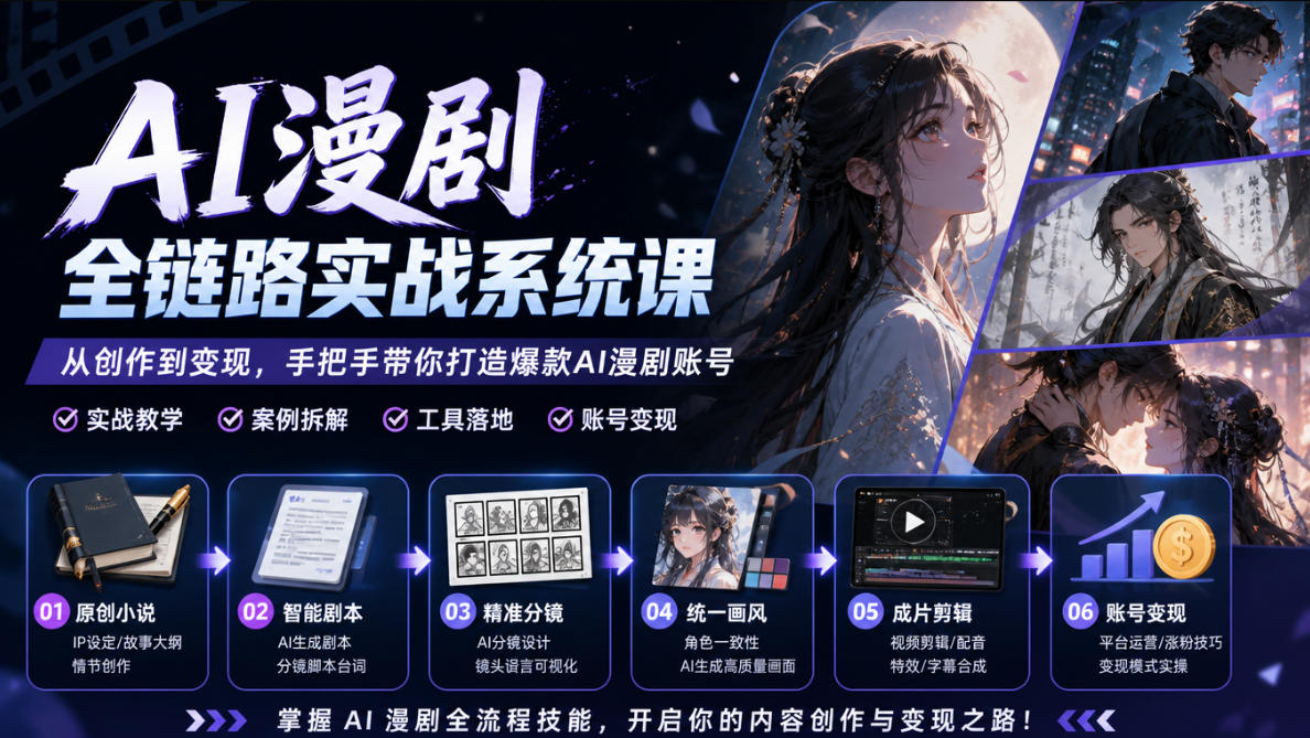 AI漫剧全链路实战系统课｜原创小说、智能剧本、精准分镜、统一画风、成片剪辑、账号变现实操教学-橙心云网创