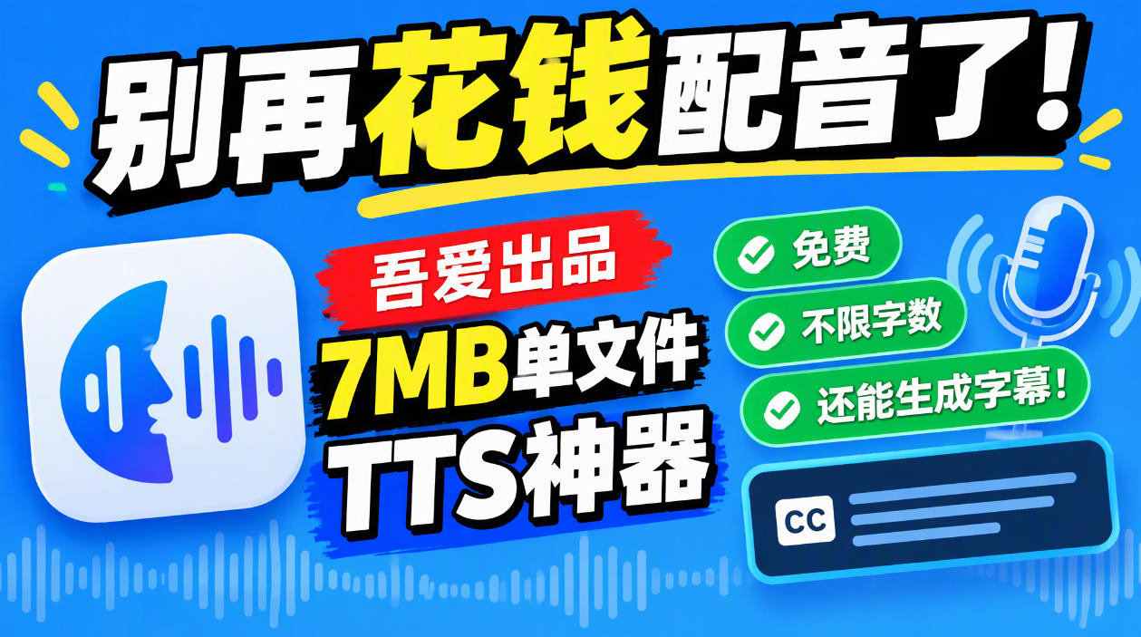 别再花钱配音了!吾爱出品7MB单文件TTS神器,免费不限字数还能生成字幕!-橙心云网创