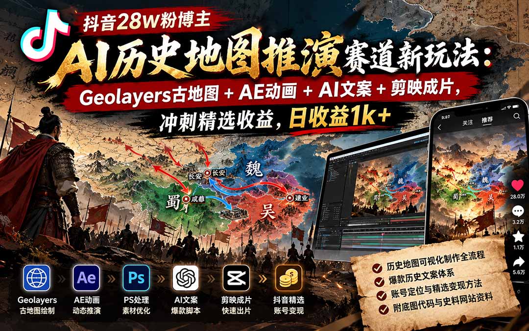 抖音28W粉博主AI历史地图推演赛道新玩法：Geolayers古地图+AE动画+AI文案+剪映成片，冲刺精选收益，日收益1k+-橙心云网创