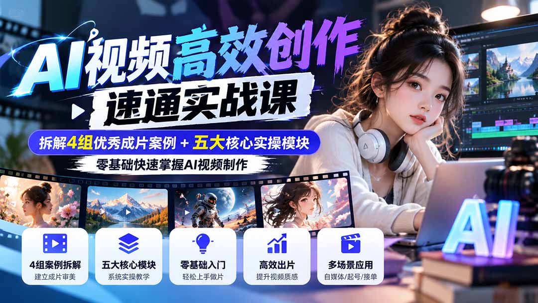 【无水印】AI视频高效创作速通实战课：拆解4组优秀成片案例+五大核心实操模块，零基础快速掌握AI视频制作-橙心云网创