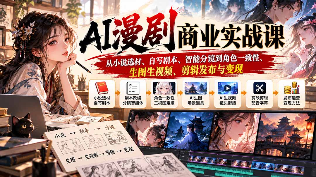 AI漫剧商业实战课：从小说选材、自写剧本、智能分镜到角色一致性、生图生视频、剪辑发布与变现-橙心云网创