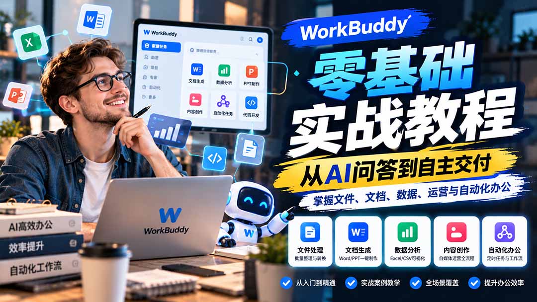 WorkBuddy零基础实战教程：从AI问答到自主交付，掌握文件、文档、数据、运营与自动化办公-橙心云网创