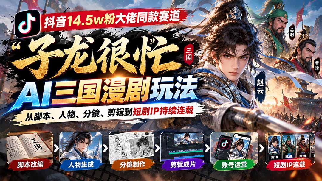 抖音14.5w粉大佬同款赛道「子龙很忙」AI三国漫剧玩法：从脚本、人物、分镜、剪辑到短剧IP持续连载-橙心云网创