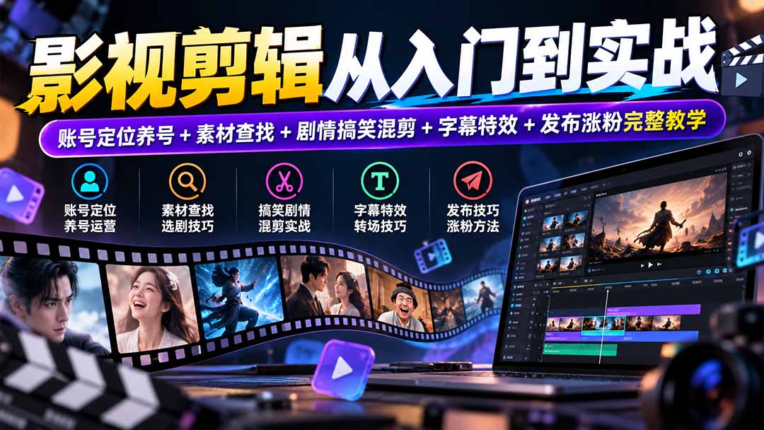 影视剪辑从入门到实战：账号定位养号+素材查找+剧情搞笑混剪+字幕特效+发布涨粉完整教学-橙心云网创