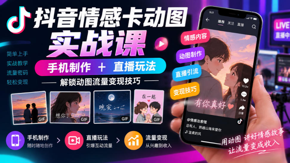 抖音情感卡动图实战课｜手机制作+直播玩法，解锁动图流量变现技巧-橙心云网创