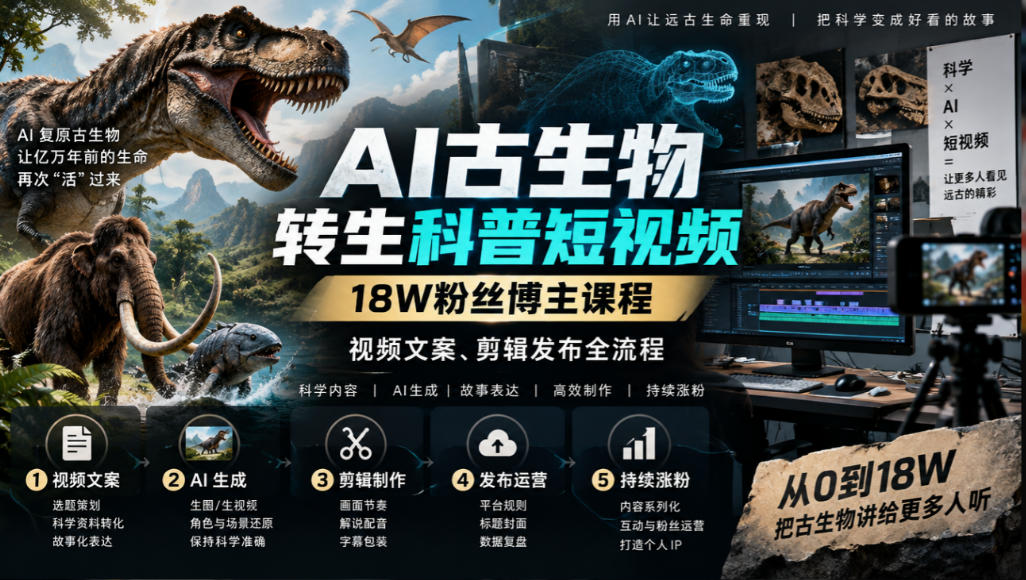 AI古生物转生科普短视频，18W粉丝博主课程，视频文案、剪辑发布全流程-橙心云网创
