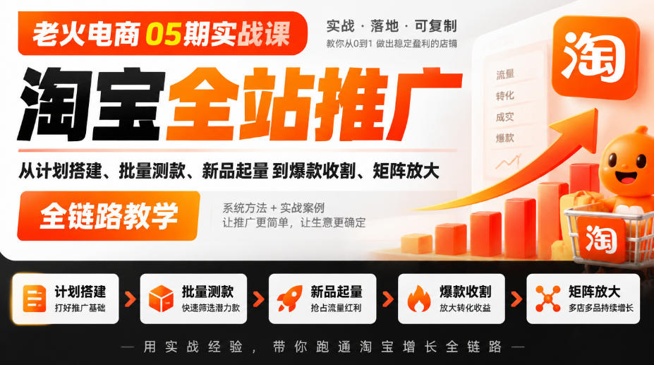 老火电商05期实战课｜淘宝全站推广从计划搭建、批量测款、新品起量到爆款收割、矩阵放大全链路教学-橙心云网创