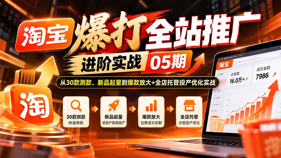 淘宝爆打全站推广进阶实战05期：从30款测款、新品起量到爆款放大+全店托管投产优化实战-橙心云网创