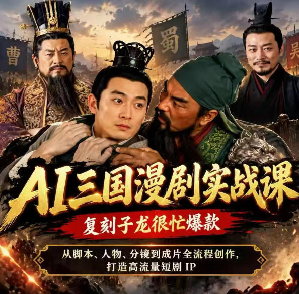 抖音14W粉博主同款AI三国漫剧实战课，复刻子龙很忙爆款，从脚本、人物、分镜到成片全流程创作，打造高流量短剧IP-橙心云网创