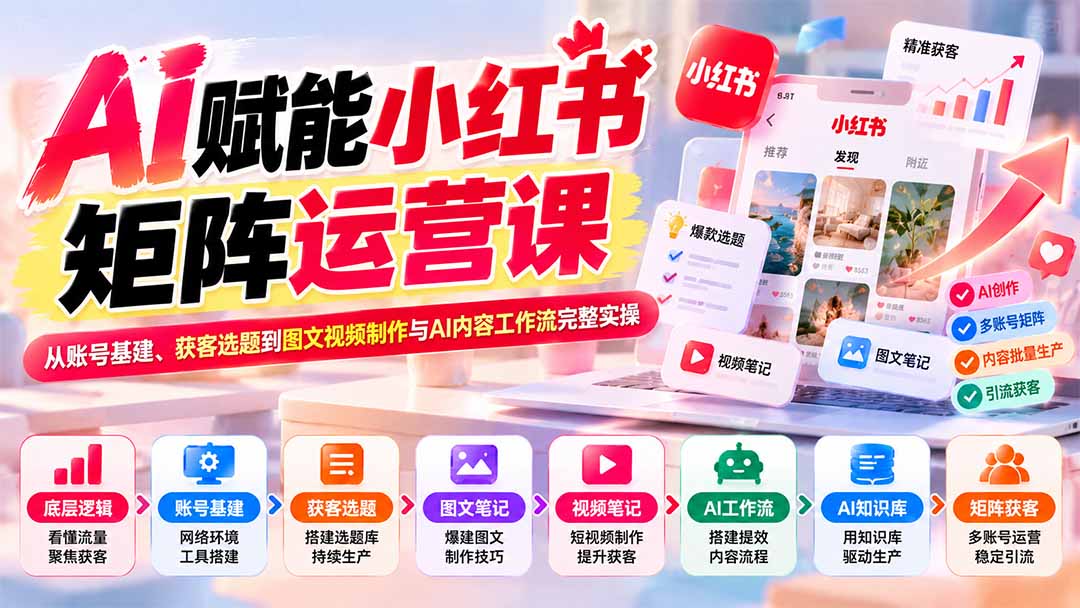 AI赋能小红书矩阵运营课：从账号基建、获客选题到图文视频制作与AI内容工作流完整实操-橙心云网创
