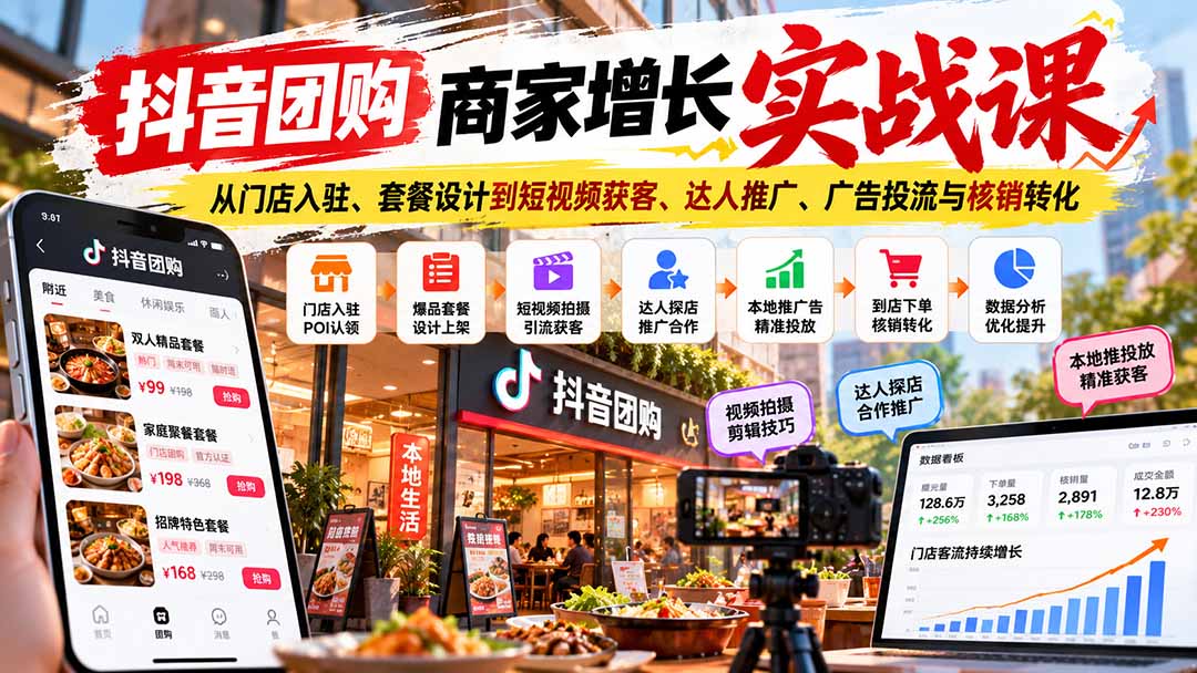 抖音团购商家增长实战课：从门店入驻、套餐设计到短视频获客、达人推广、广告投流与核销转化-橙心云网创
