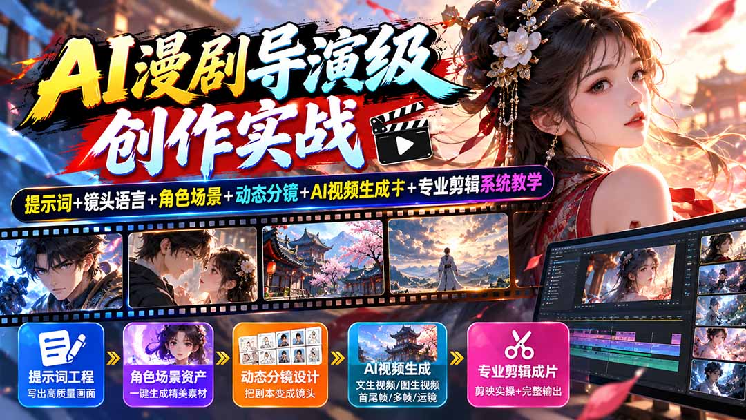 AI漫剧导演级创作实战：提示词+镜头语言+角色场景+动态分镜+AI视频生成+专业剪辑系统教学-橙心云网创