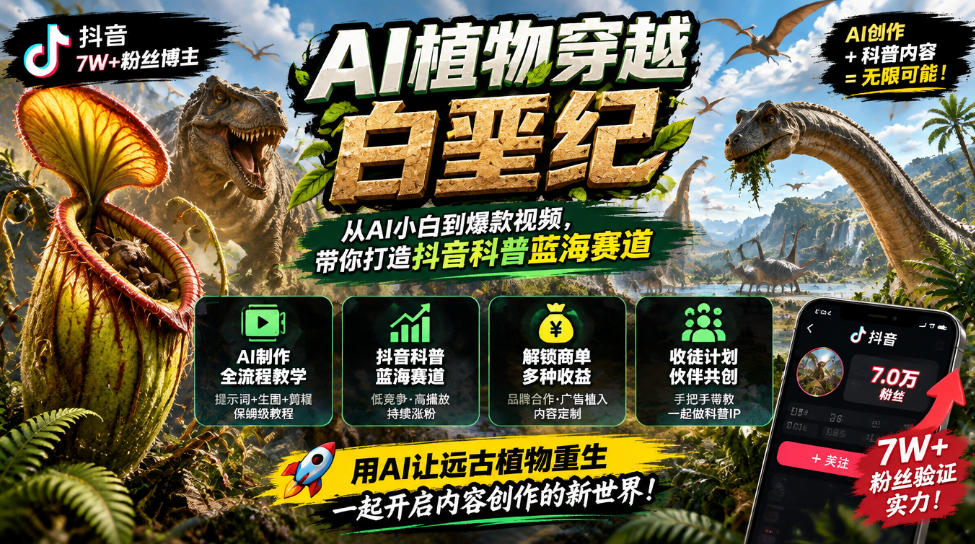 抖音7W粉丝博主的AI植物穿越白垩纪教学，抖音科普蓝海赛道，解锁商单收徒伙伴计划等多种收益-橙心云网创