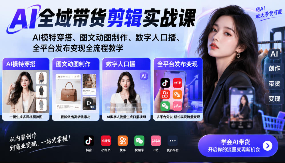 AI全域带货剪辑实战课｜AI模特穿搭、图文动图制作、数字人口播、全平台发布变现全流程教学-橙心云网创