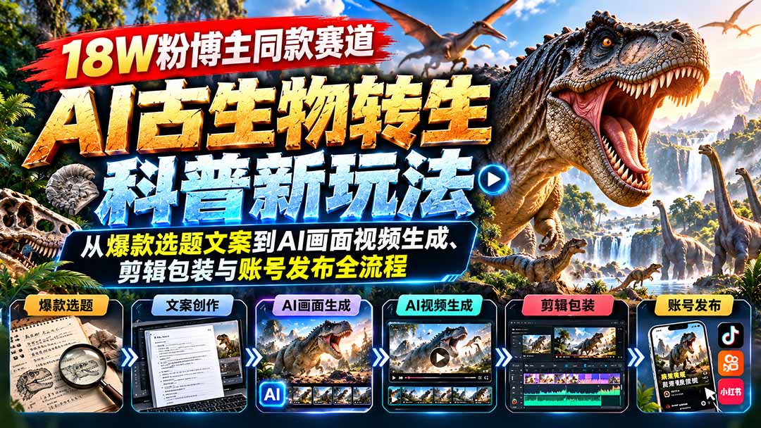 18W粉博主同款赛道-AI古生物转生科普新玩法：从爆款选题文案到AI画面视频生成、剪辑包装与账号发布全流程-橙心云网创