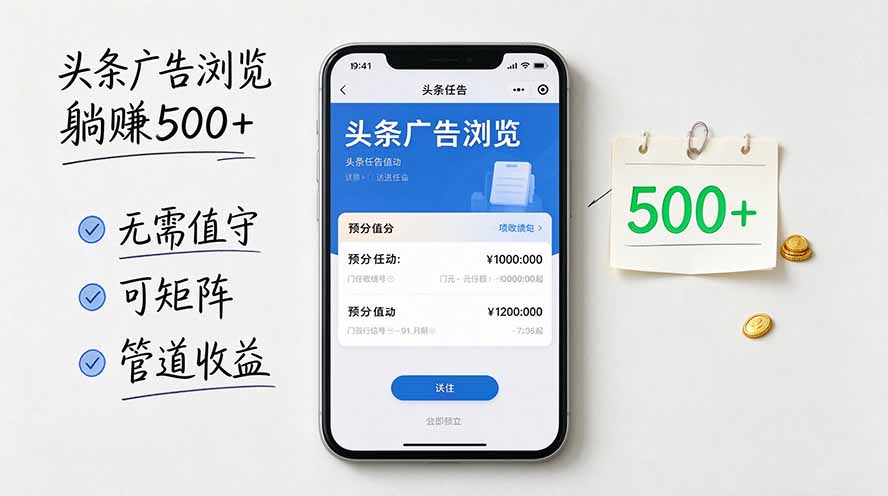 头条广告浏览躺赚500+无需值守,可矩阵并附有管道收益-橙心云网创