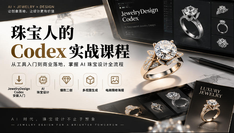 珠宝人的Codex实战课程｜JewelryDesign Codex安装入门、AI珠宝设计、爆款二创、多视图生成、电商精修海报全链路教学-橙心云网创