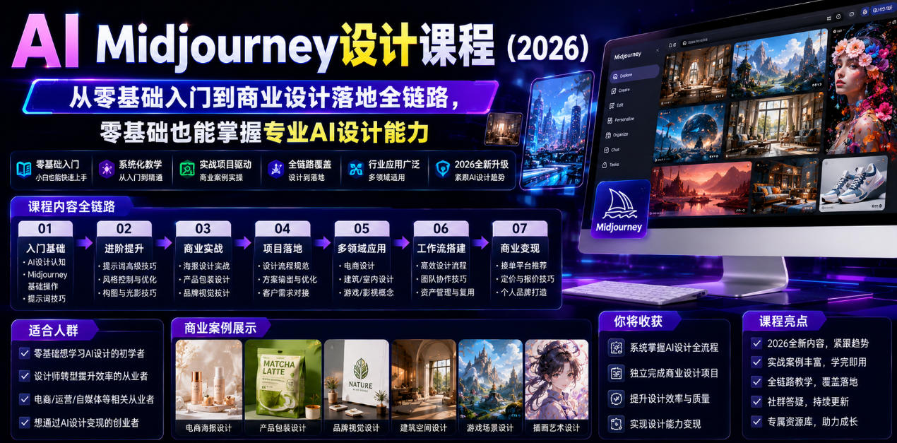 AI Midjourney设计课程(2026)，从零基础入门到商业设计落地全链路，零基础也能掌握专业AI设计能力(更新1007)-橙心云网创