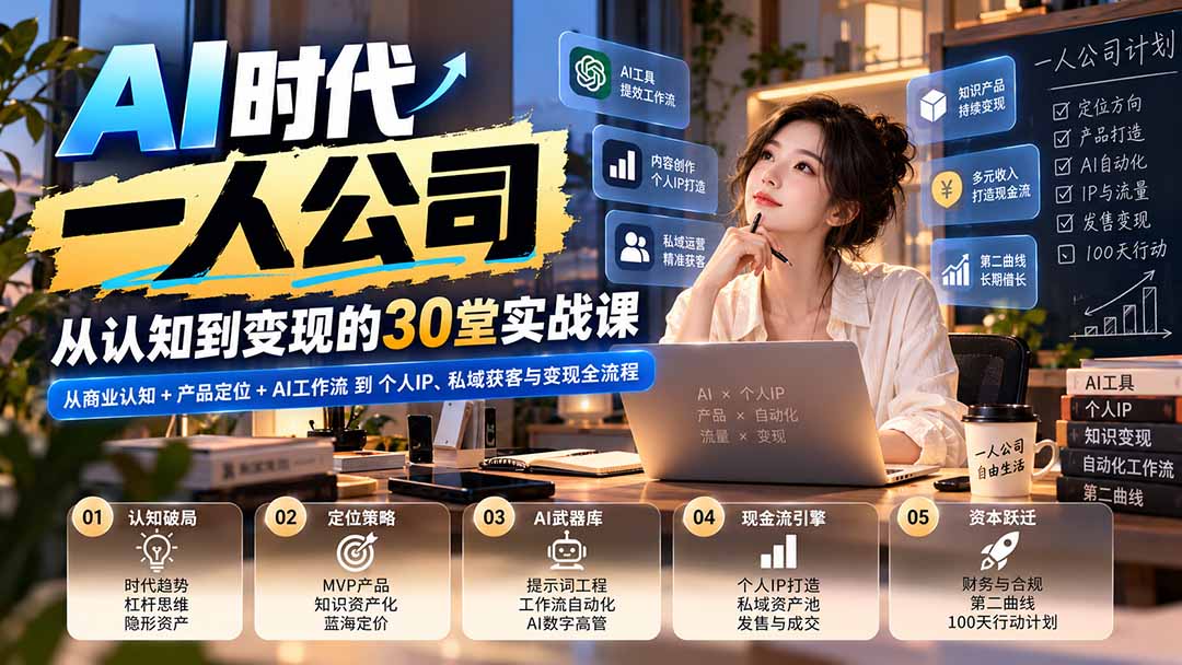 【无水印】AI时代一人公司30堂实战课:从商业认知+产品定位+AI工作流到个人IP、私域获客与变现全流程-橙心云网创