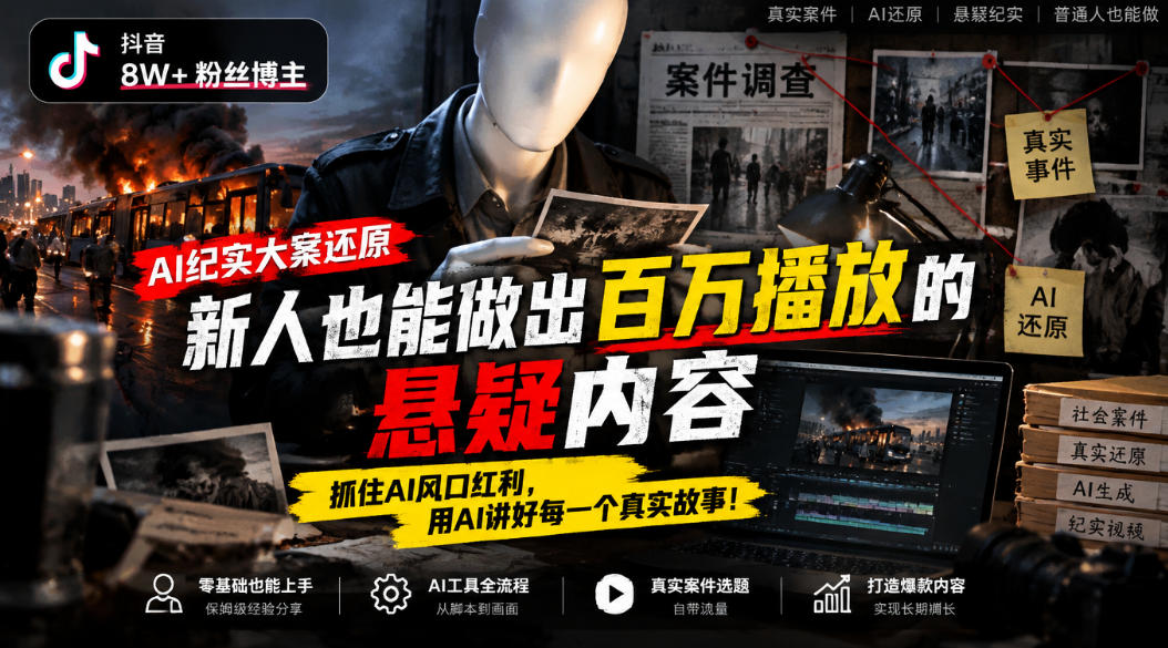 抖音8W粉丝博主的AI纪实大案还原教学,新人也能做出百W播放的悬疑内容,抓住AI风口红利,用AI讲好每一个真实故事-橙心云网创