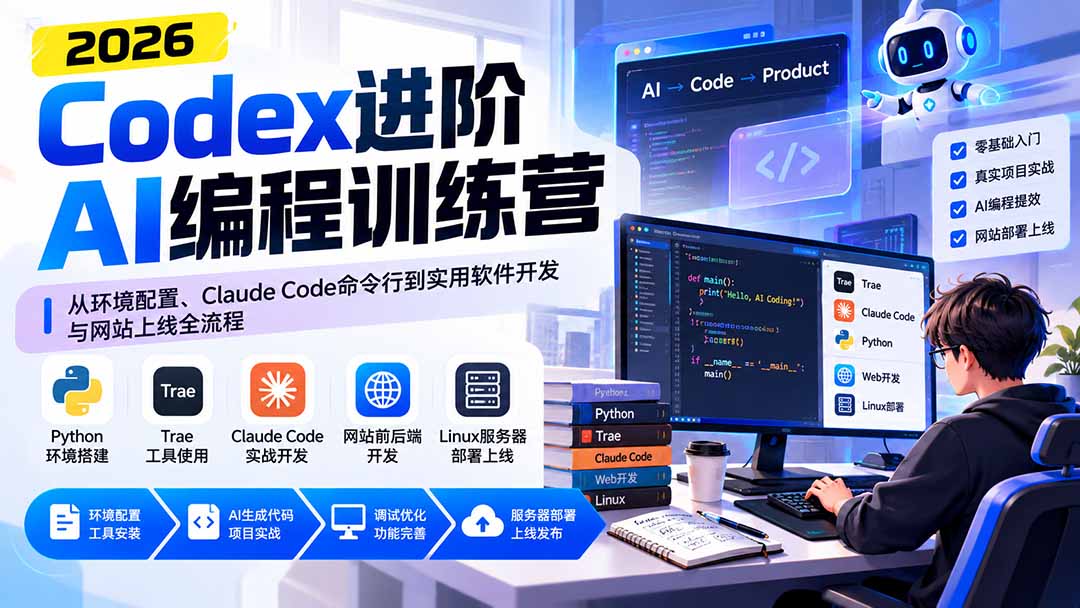 Codex进阶AI编程训练营:从环境配置、Claude Code命令行到实用软件开发与网站上线全流程-橙心云网创