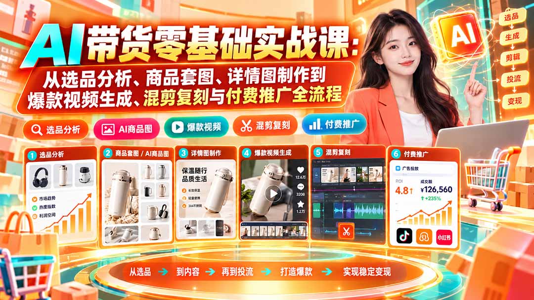 AI带货零基础实战课:从选品分析、商品套图、详情图制作到爆款视频生成、混剪复刻与付费推广全流程-橙心云网创