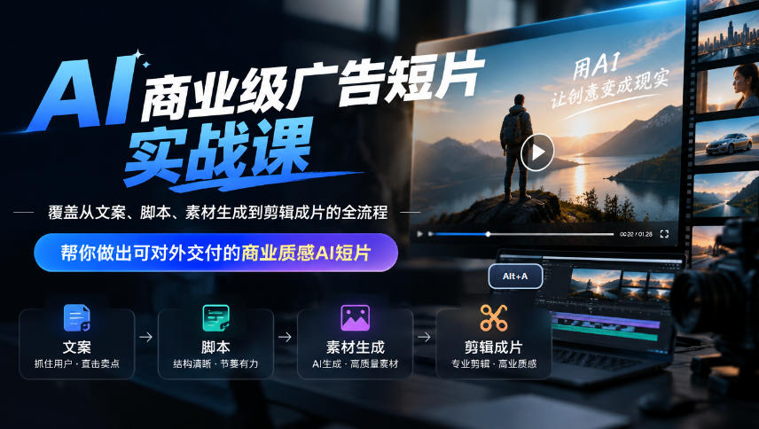 AI商业级广告短片实战课,覆盖从文案、脚本、素材生成到剪辑成片的全流程,帮你做出可对外交付的商业质感AI短片-橙心云网创