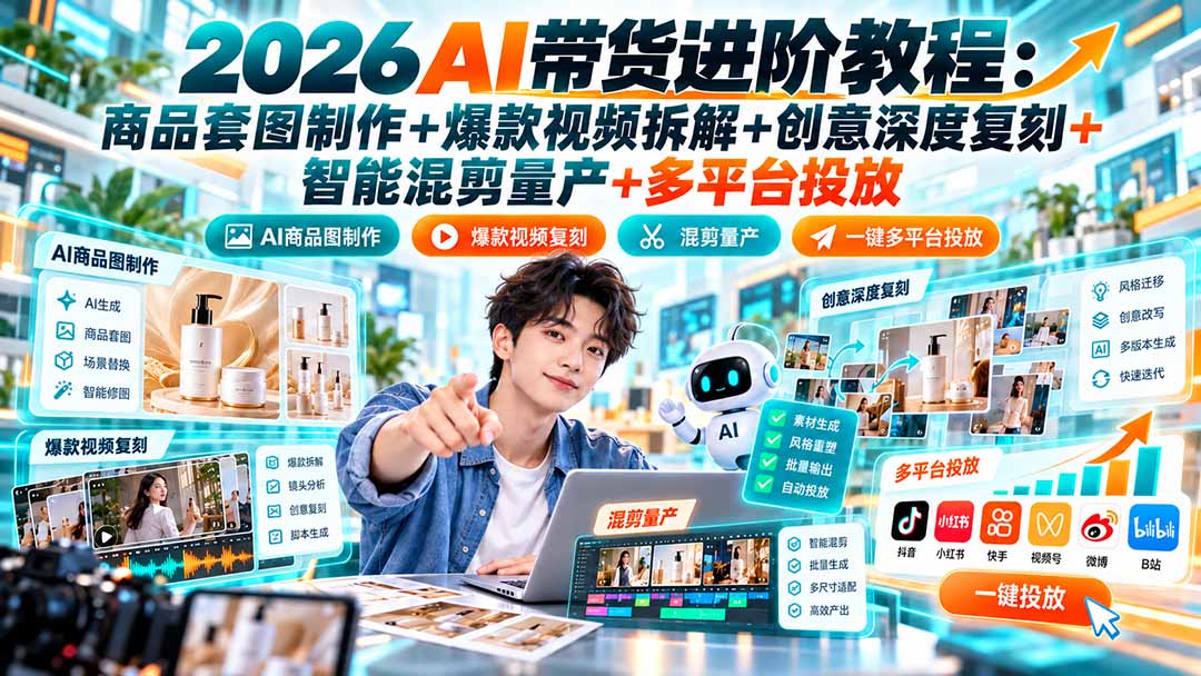 2026AI带货进阶教程:商品套图制作+爆款视频拆解+创意深度复刻+智能混剪量产+多平台投放-橙心云网创