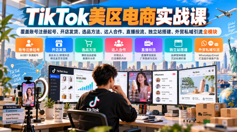 TikTok美区电商实战课,覆盖账号注册起号、开店发货、选品方法、达人合作、直播投流、独立站搭建、外贸私域引流全模块-橙心云网创