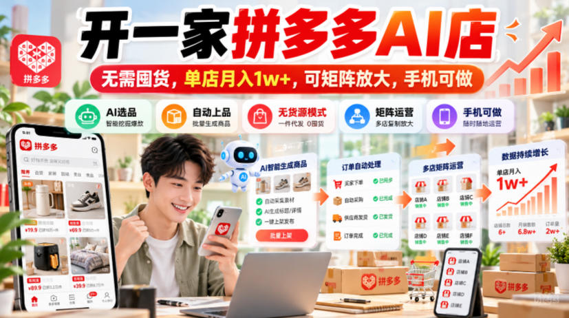开一家拼多多AI店,无需囤货,单店月入1w+,可矩阵放大,手机可做【揭秘】-橙心云网创