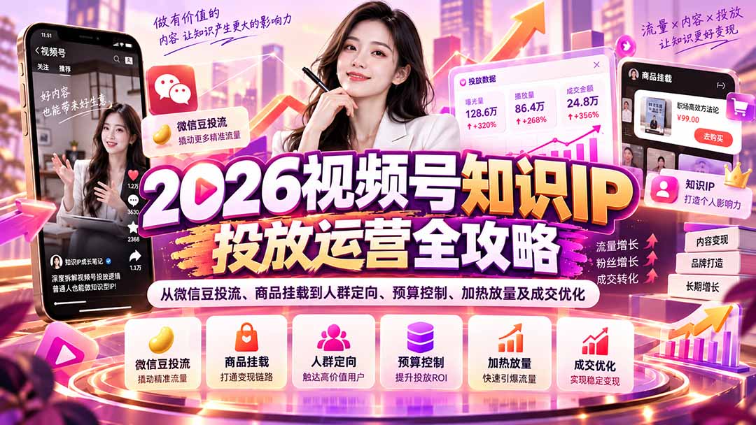 2026视频号知识IP投放运营全攻略:从微信豆投流、商品挂载到人群定向、预算控制、加热放量及成交优化-橙心云网创