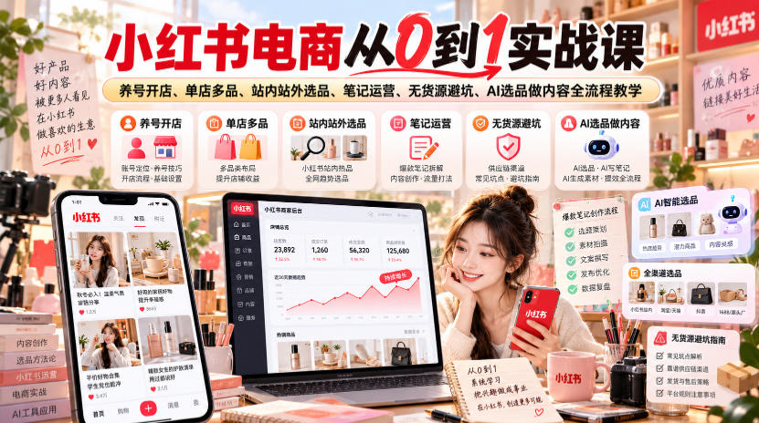 小红书电商从0到1实战课|养号开店、单店多品、站内站外选品、笔记运营、无货源避坑、AI选品做内容全流程教学-橙心云网创