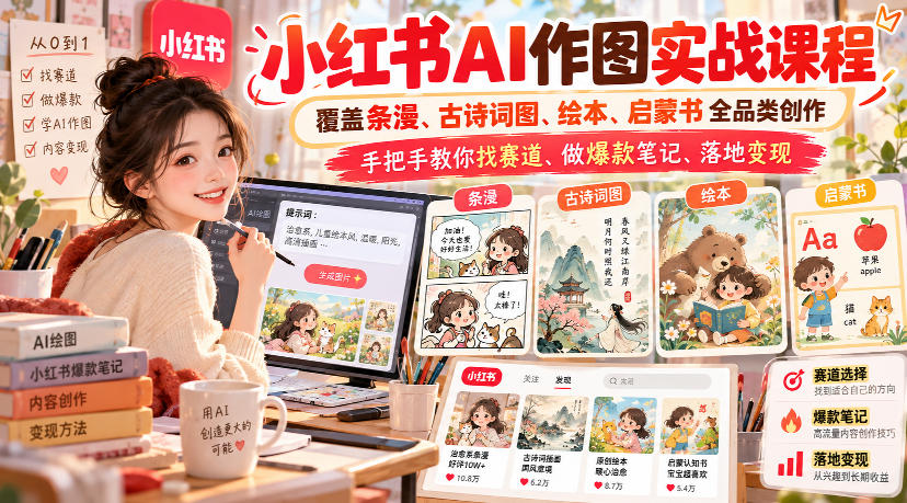 小红书AI作图实战课程,覆盖条漫、古诗词图、绘本、启蒙书全品类创作,手把手教你找赛道、做爆款笔记、落地变现(更新1009)-橙心云网创