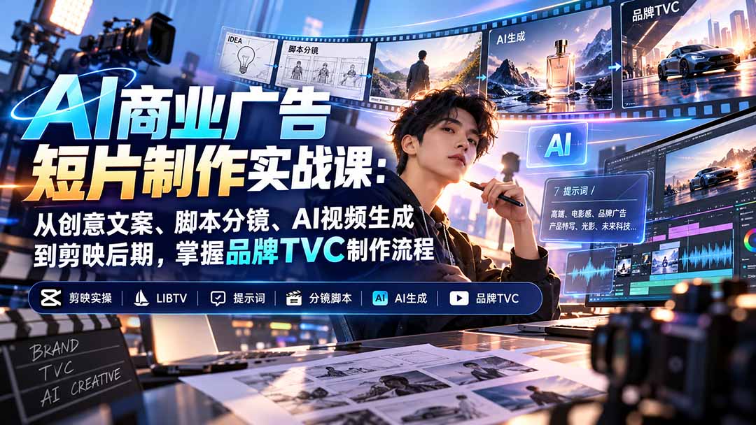 AI商业广告短片制作实战课:从创意文案、脚本分镜、AI视频生成到剪映后期,掌握品牌TVC制作流程-橙心云网创