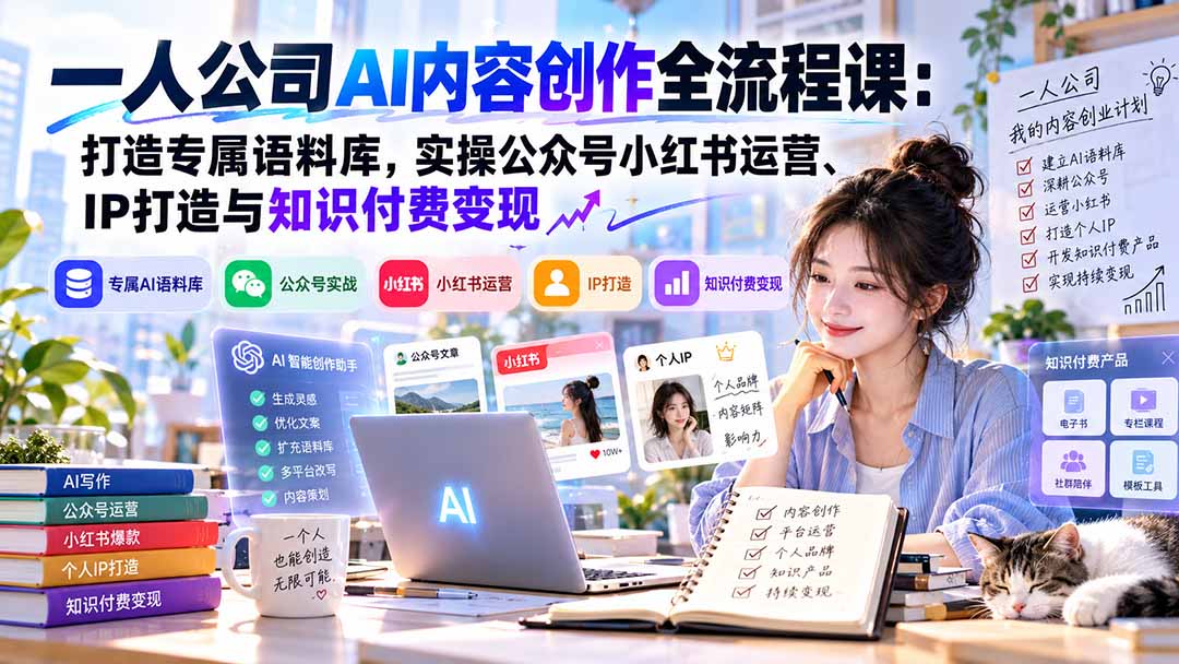 一人公司AI内容创作全流程课:打造专属语料库,实操公众号小红书运营、IP打造与知识付费变现方法论-橙心云网创