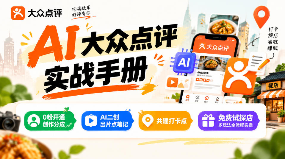 某局的AI大众点评实战手册,0粉开通创作分成、AI二创出片点笔记、共建打卡点、免费试探店多玩法全流程实操-橙心云网创