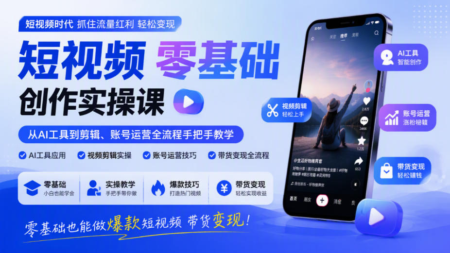 短视频零基础创作实操课,从AI工具到剪辑、账号运营全流程手把手教学,零基础也能做爆款短视频带货变现-橙心云网创