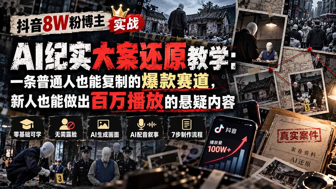 抖音8W粉博主AI纪实大案还原教学:一条普通人也能复制的爆款赛道,新人也能做出百万播放的悬疑内容-橙心云网创