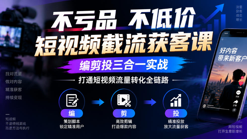 不亏品不低价短视频截流获客课，编剪投三合一实战，打通短视频流量转化全链路-橙心云网创