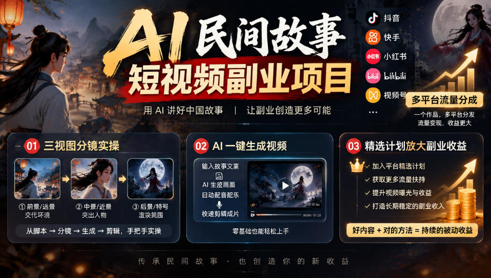 AI民间故事短视频副业项目，多平台流量分成，三视图分镜实操，精选计划放大副业收益-橙心云网创