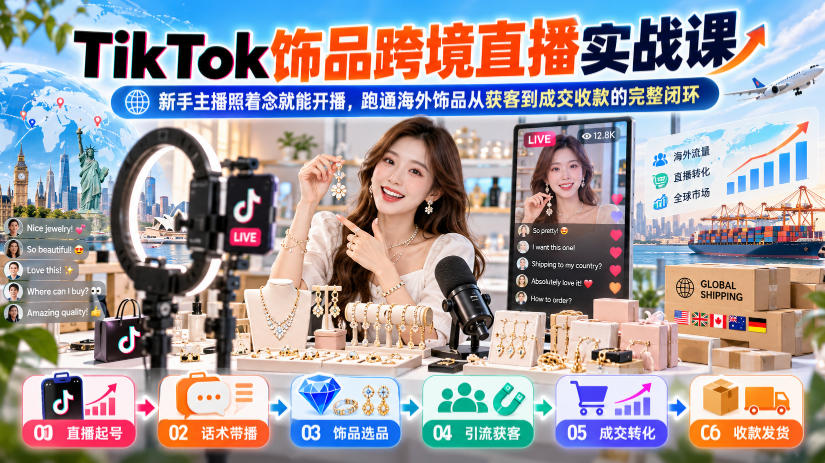 TikTok饰品跨境直播实战课，新手主播照着念就能开播，跑通海外饰品从获客到成交收款的完整闭环-橙心云网创