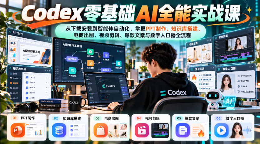 Codex零基础AI全能实战课:从下载安装到智能体自动化,掌握知识库搭建、电商出图、视频剪辑、爆款文案与数字人口播全流程-橙心云网创